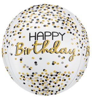 15" Happy Birthday Black Gold Orbz Foil Balloon