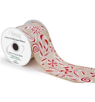 Eleganza Luxury Wired Edge Ribbon Candy Canes & Sweets Natural/Red/White No.462 63mm x 9.1m