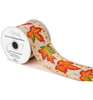 Eleganza Wired Edge Ribbon Christmas Autumn Maple Glitter/Natural No.465 63mm x 9.1m