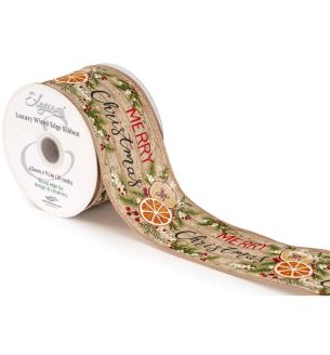 Eleganza Luxury Wired Edge Ribbon Merry Christmas Sliced Fruits No.431 63mm x 9.1m