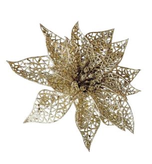 Glitter Poinsettia With Clip Gold 23cm