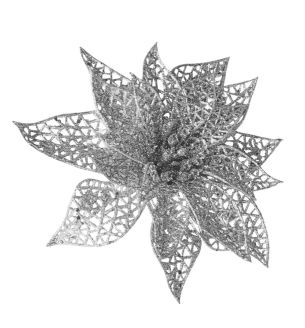Glitter Poinsettia With Clip Silver 23cm