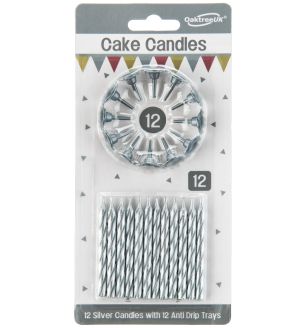 Spiral Cake Candles Metallic Silver 12 Candles and 12 Holders